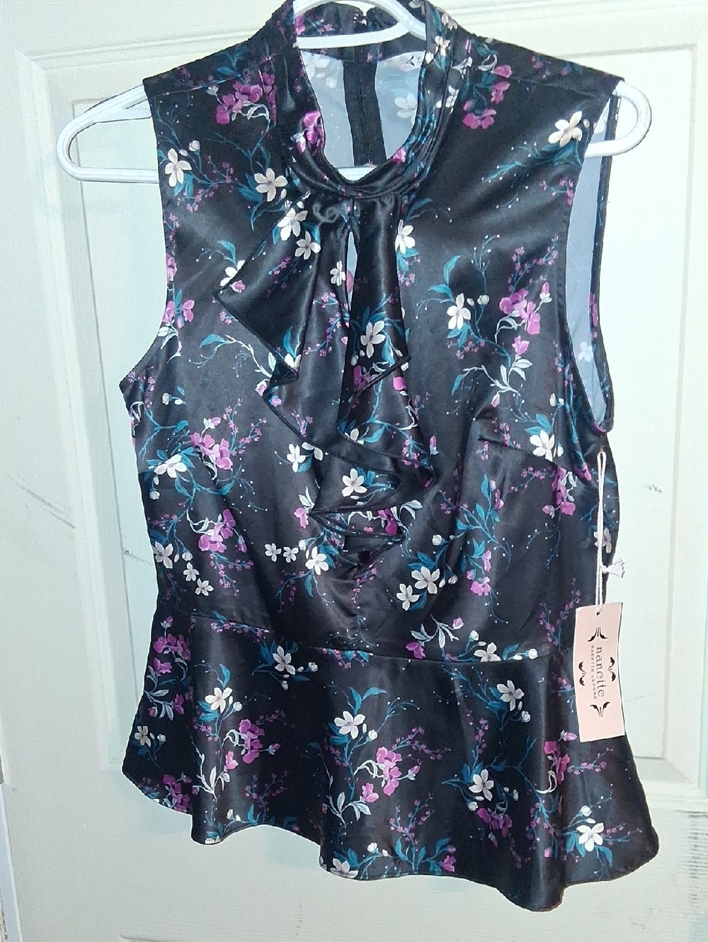 Nanette Lepore Black Floral Ruffle Peplum Blouse NWT $79
